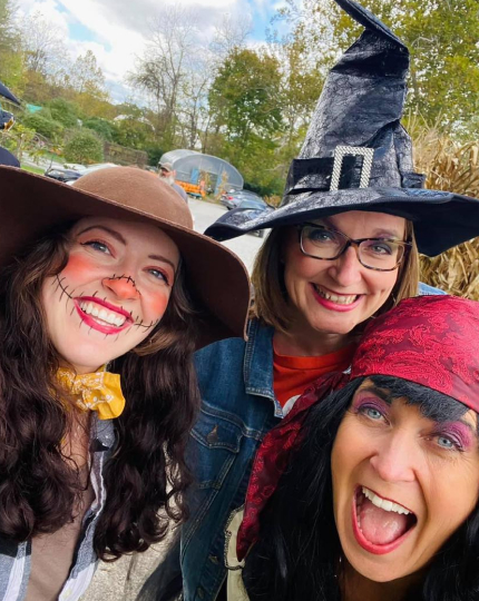 Tammy Bobo, Polly Sumney, and Jackie Munching dressed in costumes for Autumn Adventure at White's Mill
