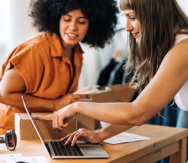 two women at a small business looking at a laptop