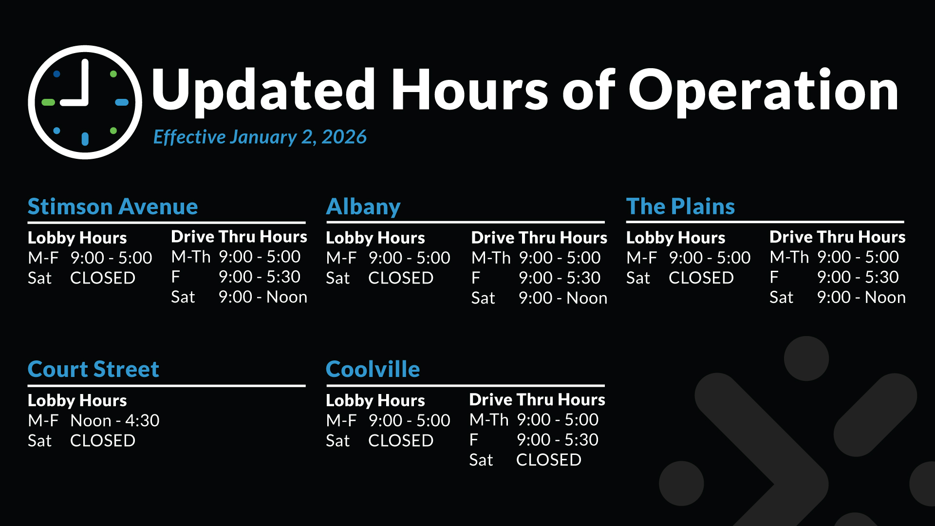 Updated Hours of Operations, effective January 2, 2026